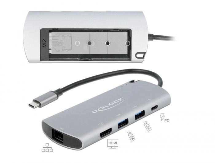 Докинг станция Delock USB-C с M.2 слот за SSD - HDMI 4K30Hz, Gigabit LAN, 2xUSB-A, USB-C, Сив