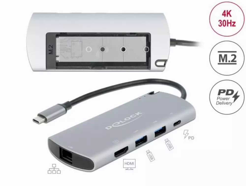 Докинг станция Delock USB-C с M.2 слот за SSD - HDMI 4K30Hz, Gigabit LAN, 2xUSB-A, USB-C, Сив
