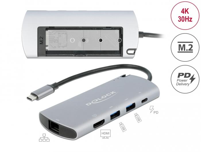 Докинг станция Delock USB-C с M.2 слот за SSD - HDMI 4K30Hz, Gigabit LAN, 2xUSB-A, USB-C, Сив