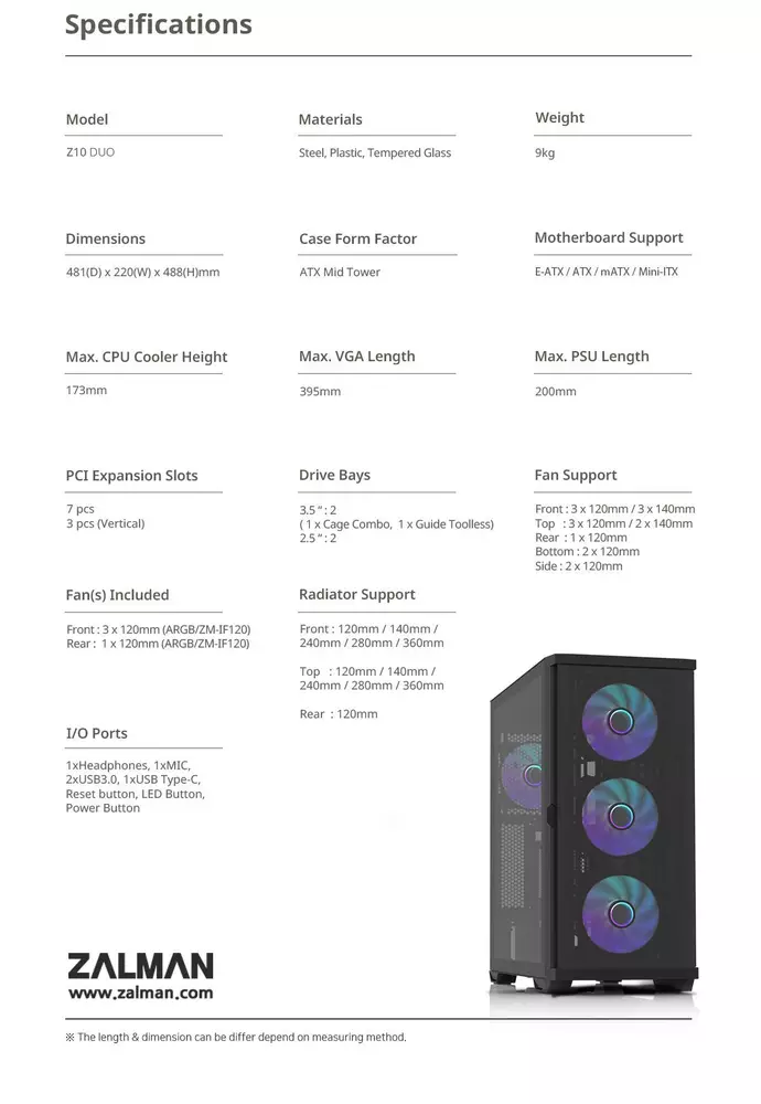 Кутия Zalman Z10 DUO Mesh TG EATX Case ARGB
