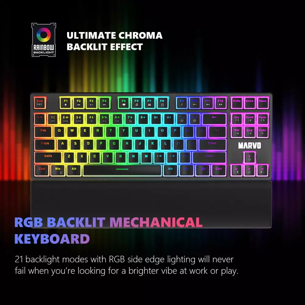Mеханична клавиатура Marvo Gaming Mechanical Keyboard KG946 Red switches, TKL, Wrist Rest, Rainbow