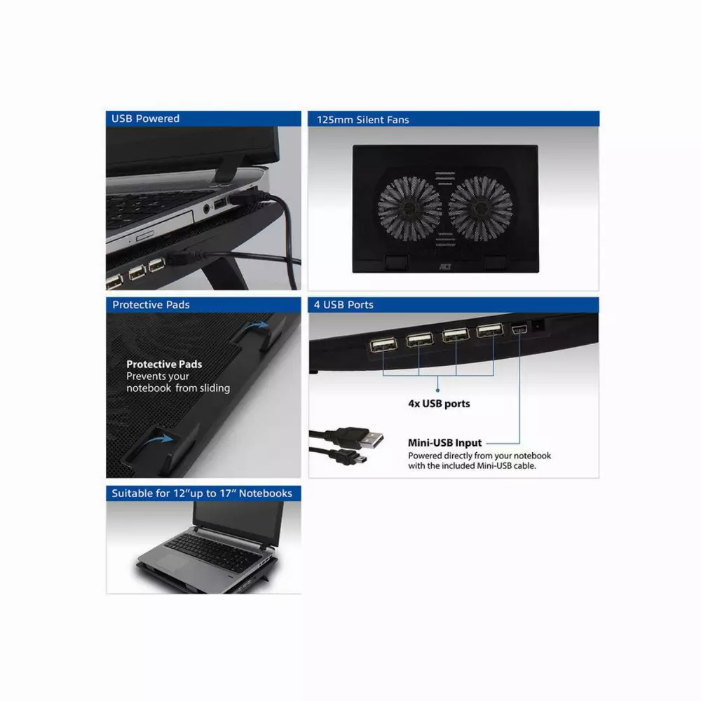 Охлаждаща поставка за лаптоп ACT AC8105, USB Hub