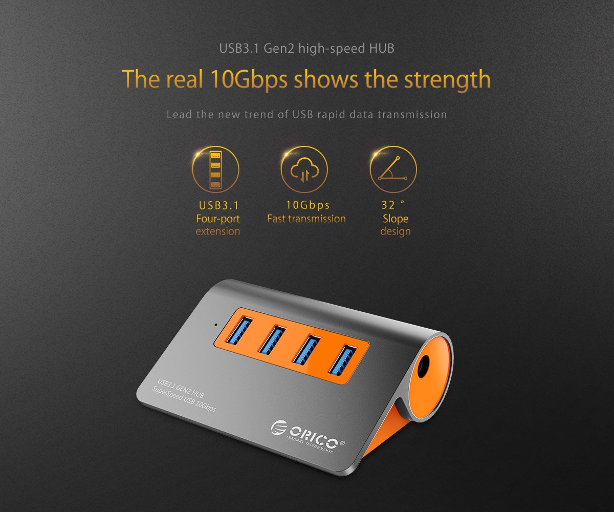 Orico хъб USB 3.1 Gen2 10Gbps HUB 4 port Aluminum Grey/Orange - M3H4-G2-OG
