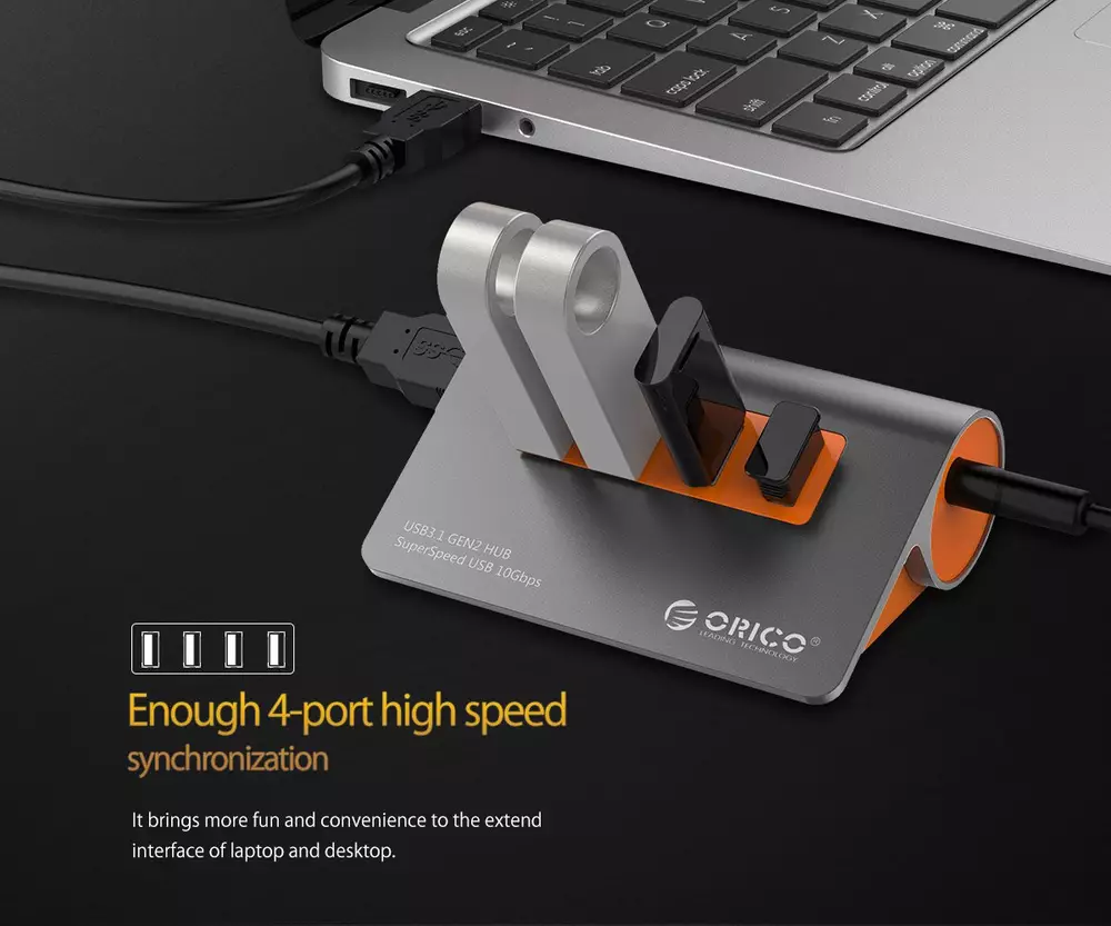 Orico хъб USB 3.1 Gen2 10Gbps HUB 4 port Aluminum Grey/Orange - M3H4-G2-OG
