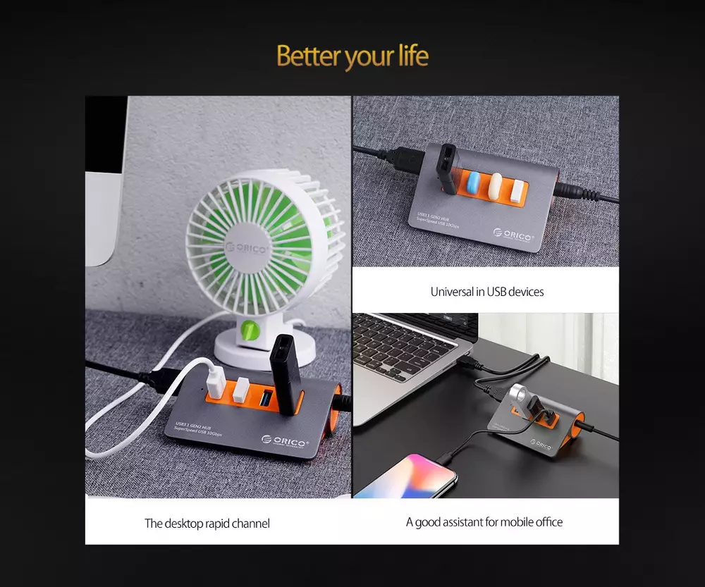 Orico хъб USB 3.1 Gen2 10Gbps HUB 4 port Aluminum Grey/Orange - M3H4-G2-OG
