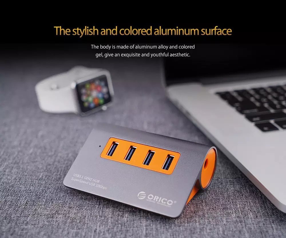 Orico хъб USB 3.1 Gen2 10Gbps HUB 4 port Aluminum Grey/Orange - M3H4-G2-OG