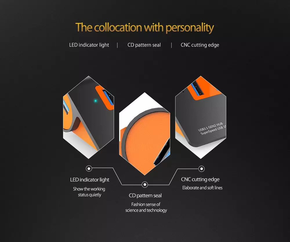 Orico хъб USB 3.1 Gen2 10Gbps HUB 4 port Aluminum Grey/Orange - M3H4-G2-OG