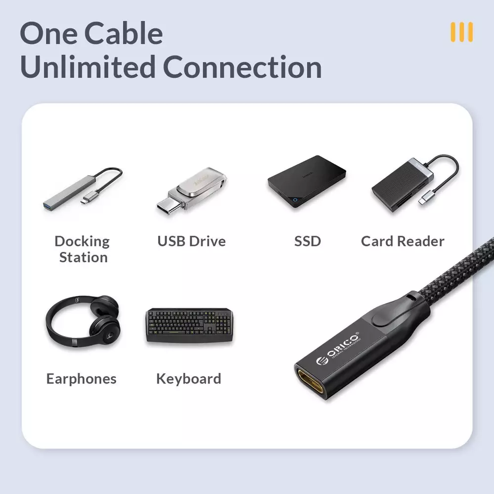 Orico Cable USB 3.2 Gen2x2 - Type-C Male to Female Extension PD100W 20Gbps 1.0m Black - CY32-10-BK
