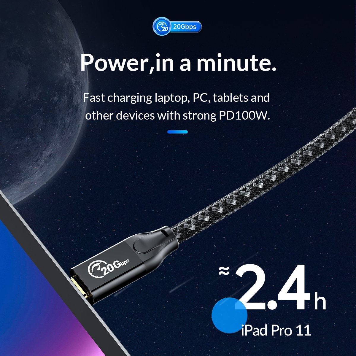 Orico кабел Cable USB 3.2 Gen2x2 - Type-C to Type-C PD100W 20Gbps 1.0m Black - CM32-10-BK