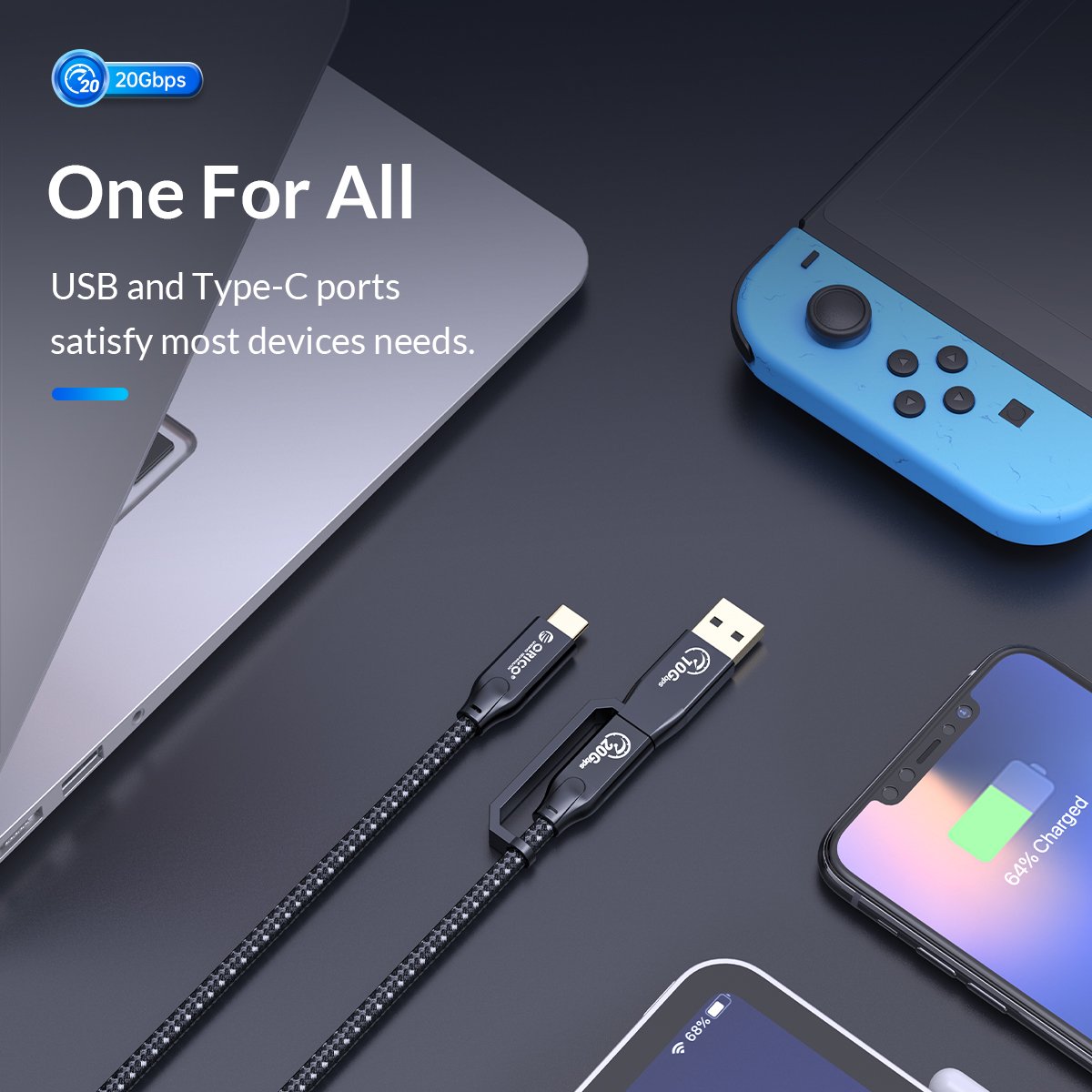 Orico кабел Cable USB 3.2 Gen2x2 - Type-C to Type-C PD100W 20Gbps 0.5m Black - CM32-05-BK