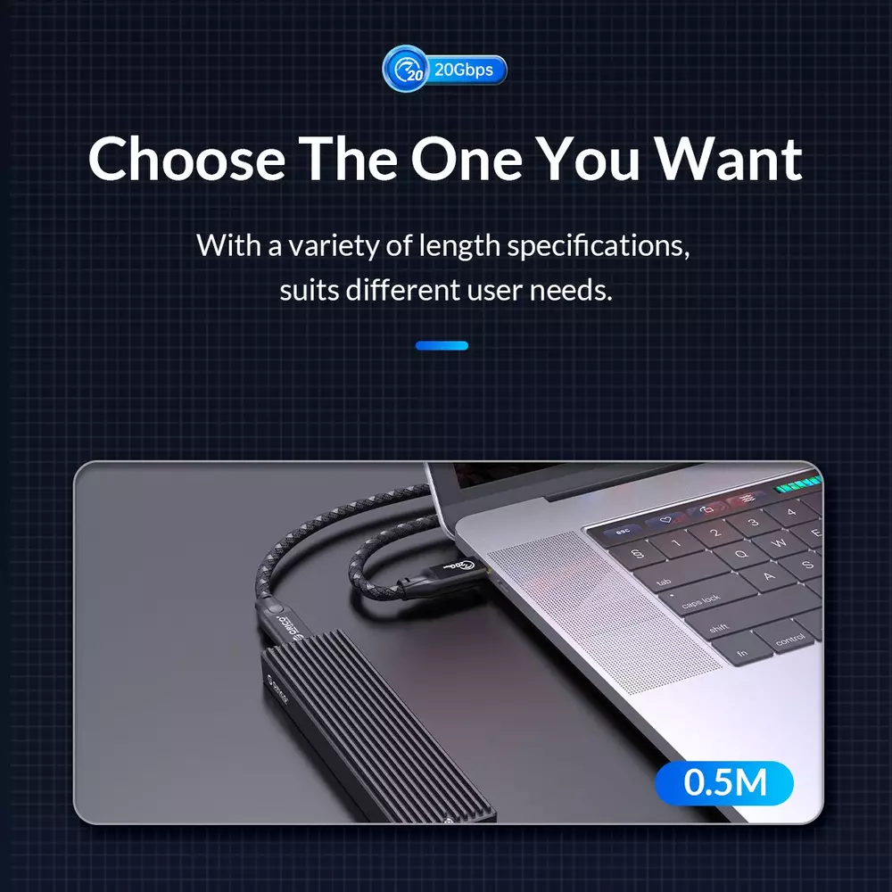 Orico кабел Cable USB 3.2 Gen2x2 - Type-C to Type-C PD100W 20Gbps 0.5m Black - CM32-05-BK