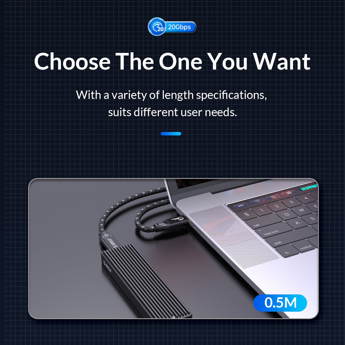 Orico кабел Cable USB 3.2 Gen2x2 - Type-C to Type-C PD100W 20Gbps 0.5m Black - CM32-05-BK