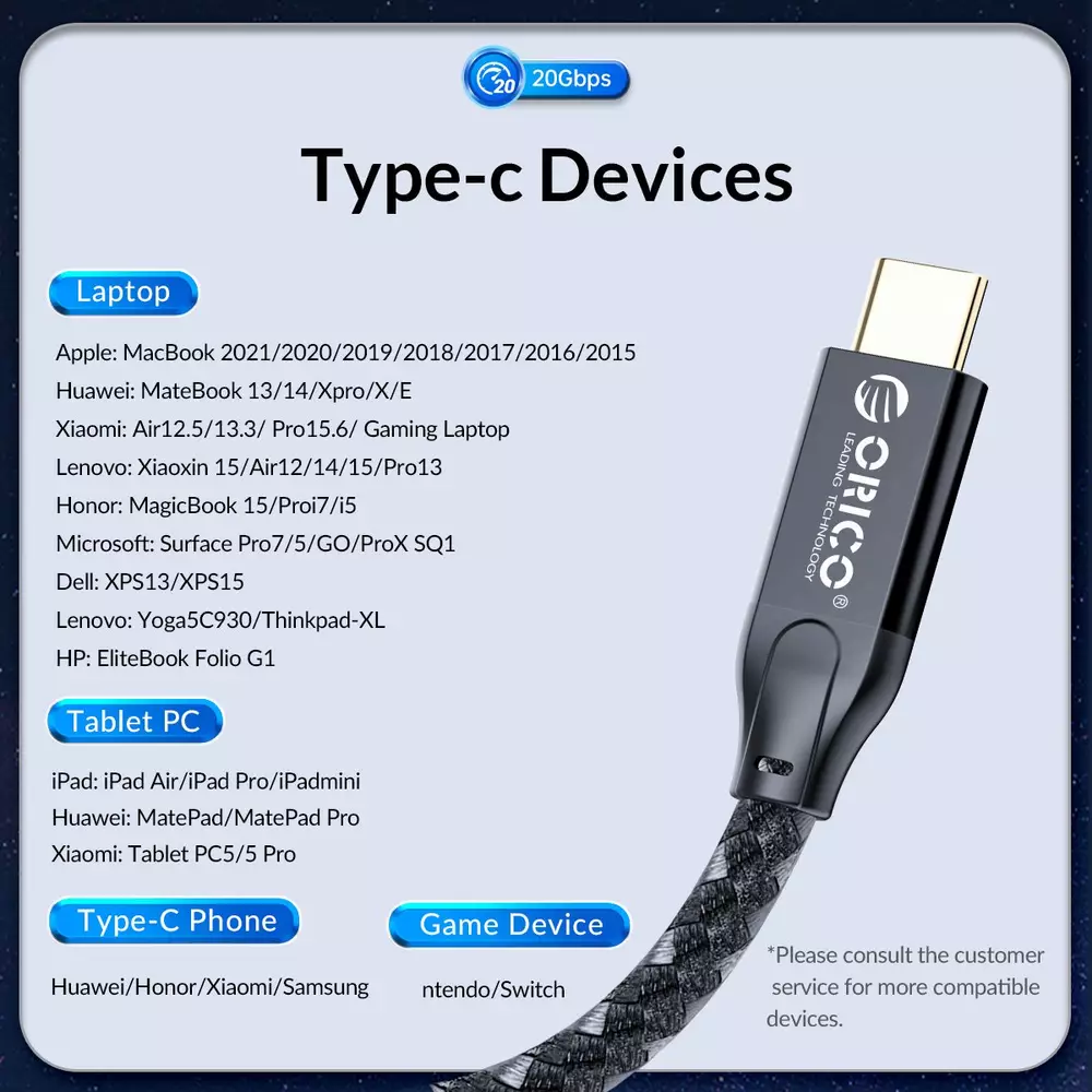 Orico кабел Cable USB 3.2 Gen2x2 - Type-C to Type-C PD100W 20Gbps 0.5m Black - CM32-05-BK