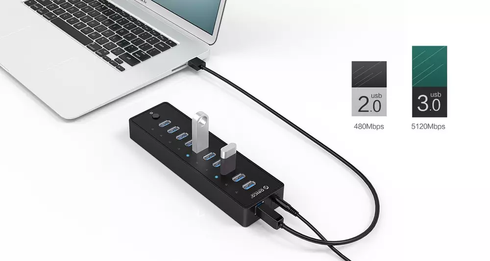 Orico хъб USB3.0 HUB 10 port with Premium Power Adapter, Black - P10-U3-V1-BK