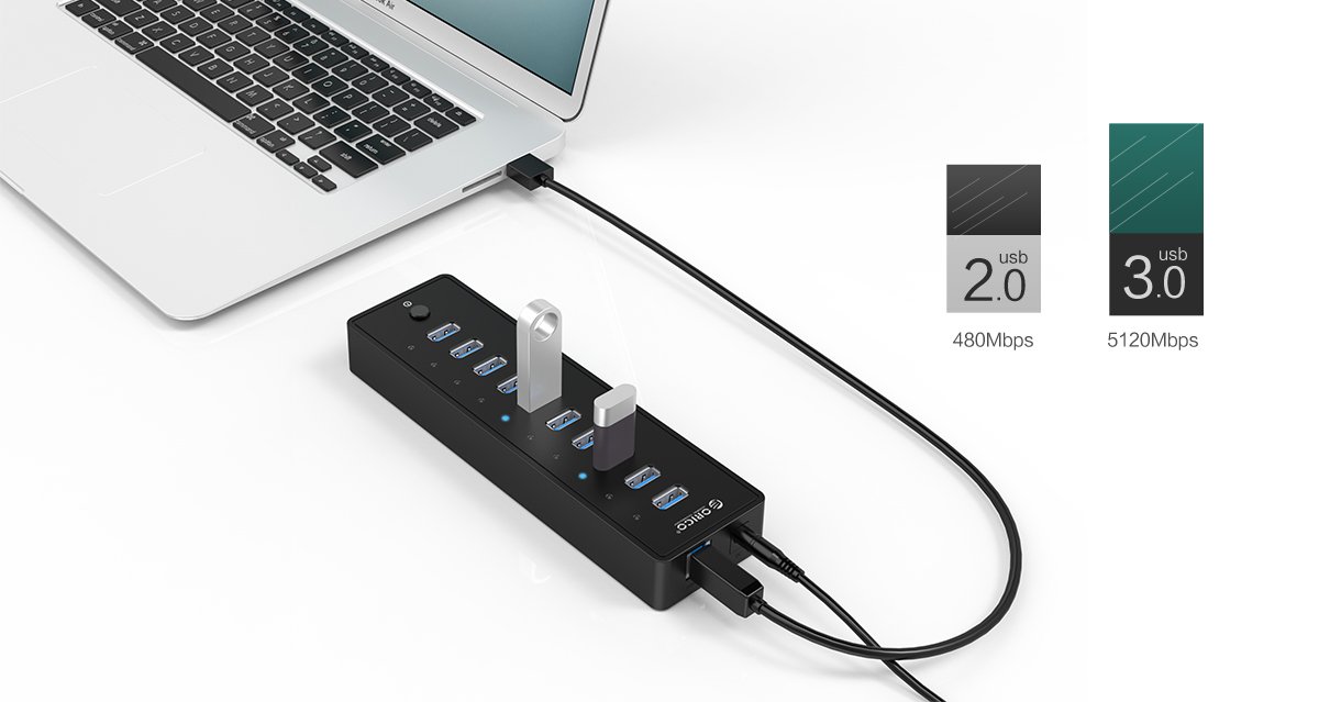 Orico хъб USB3.0 HUB 10 port with Premium Power Adapter, Black - P10-U3-V1-BK