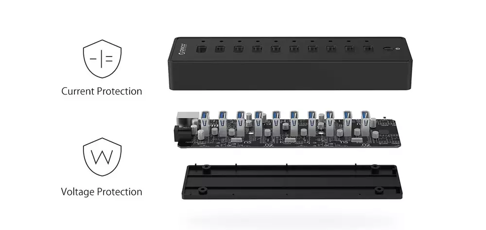 Orico хъб USB3.0 HUB 10 port with Premium Power Adapter, Black - P10-U3-V1-BK