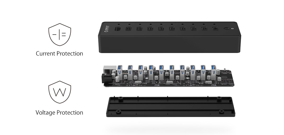 Orico хъб USB3.0 HUB 10 port with Premium Power Adapter, Black - P10-U3-V1-BK