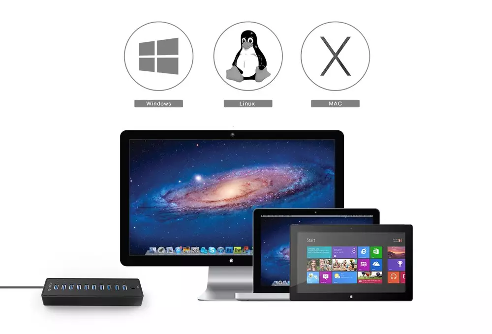 Orico хъб USB3.0 HUB 10 port with Premium Power Adapter, Black - P10-U3-V1-BK