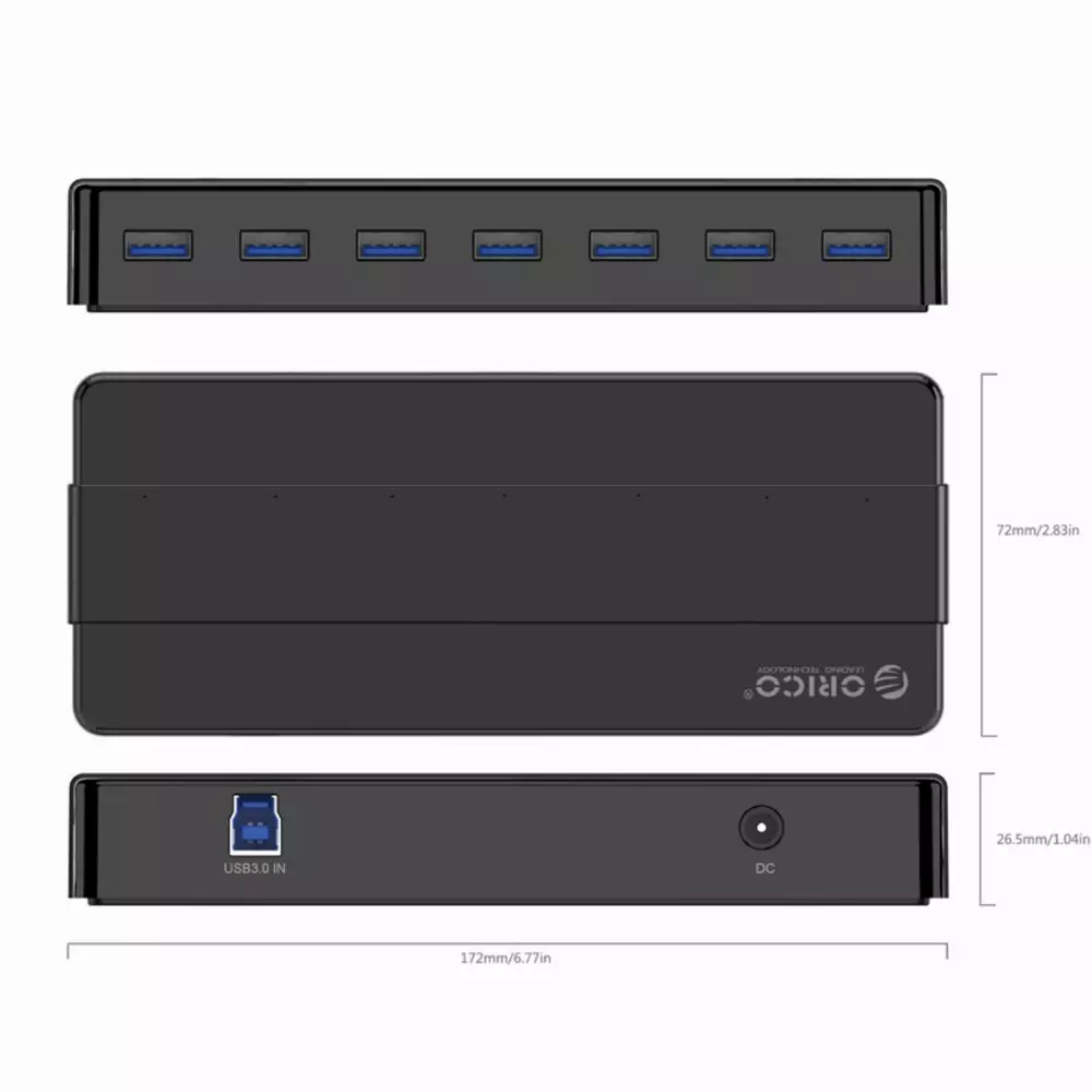 Orico хъб USB3.0 HUB 7 port with Premium Power Adapter, Black - H7928-U3-V1-BK