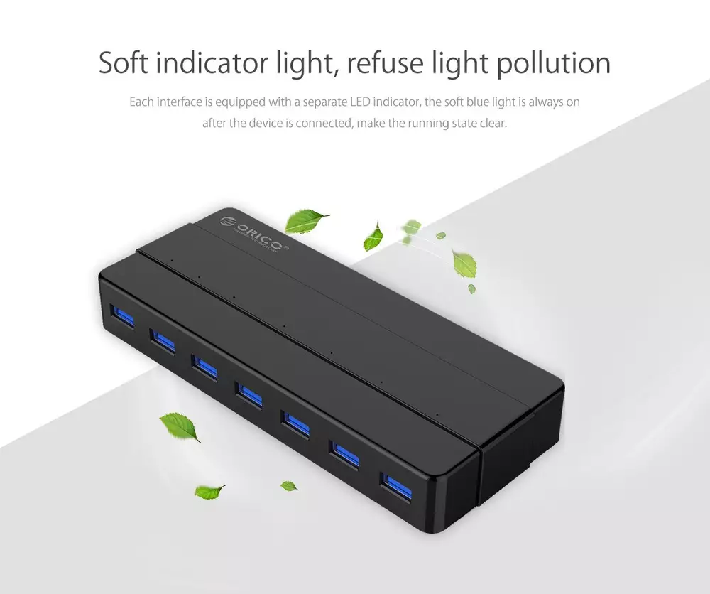 Orico хъб USB3.0 HUB 7 port with Premium Power Adapter, Black - H7928-U3-V1-BK