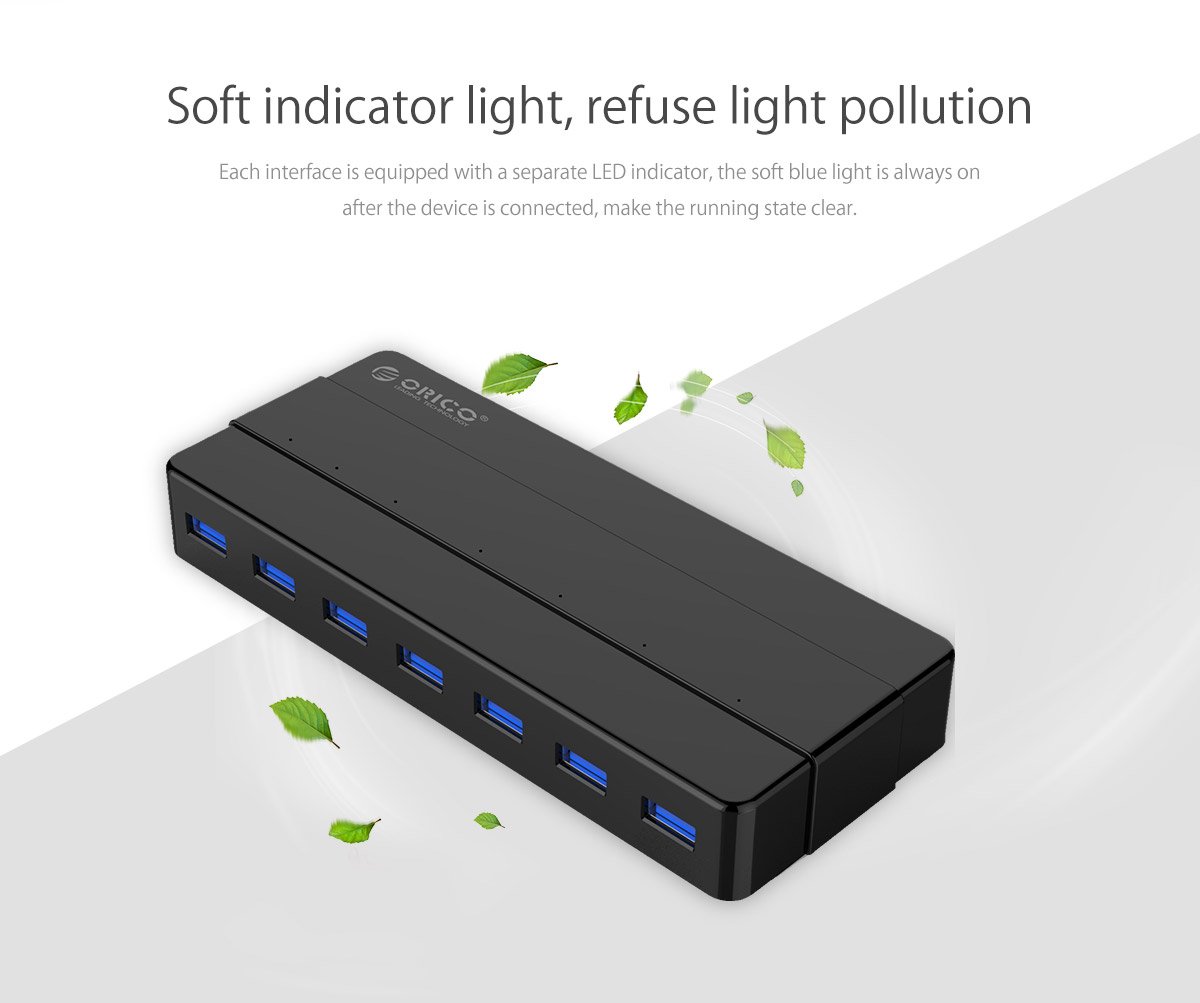 Orico хъб USB3.0 HUB 7 port with Premium Power Adapter, Black - H7928-U3-V1-BK