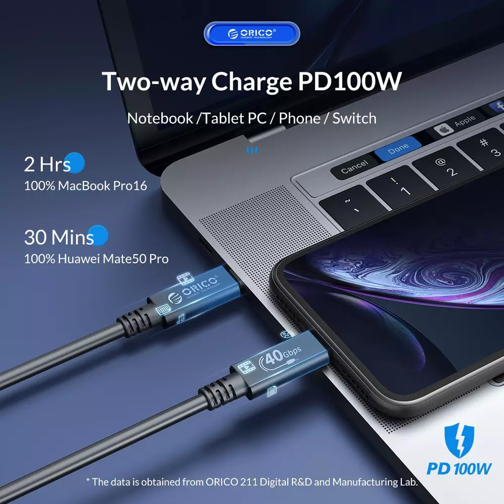 Orico кабел Cable USB4.0 40Gbps M/M 0.5m Black PD100W - U4A05-BK