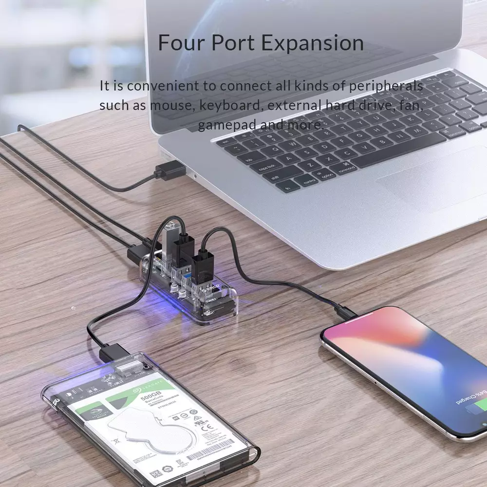 Orico хъб USB3.0 HUB 4 port Transparent - F4U-U3-CR