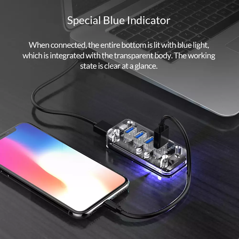 Orico хъб USB3.0 HUB 4 port Transparent - F4U-U3-CR