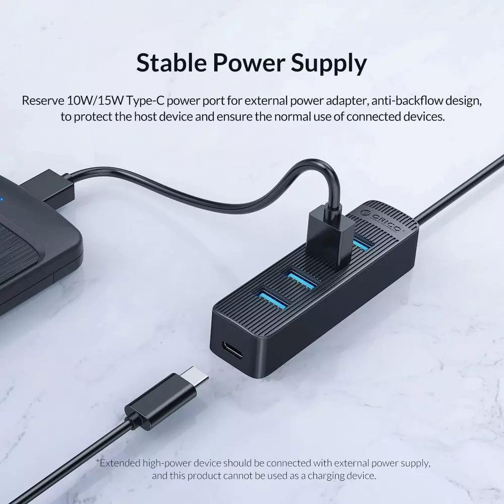 Orico хъб USB3.0 HUB 4 port - Type C input, 0.15m cable, aux Type-C power input - TWU3-4A-BK