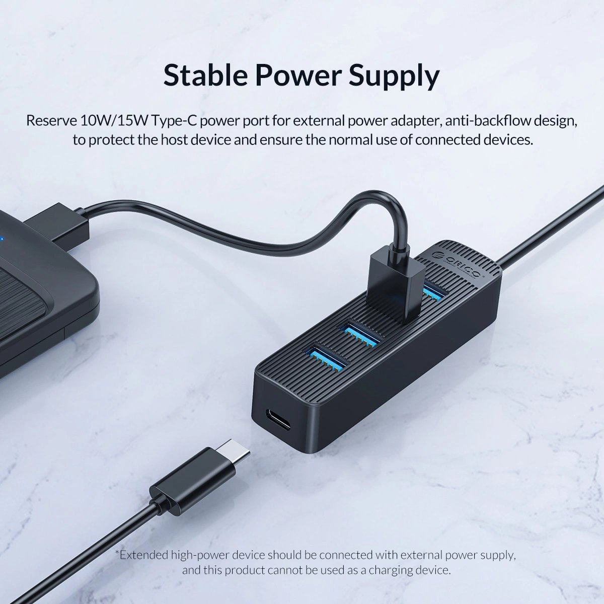 Orico хъб USB3.0 HUB 4 port - Type C input, 0.15m cable, aux Type-C power input - TWU3-4A-BK