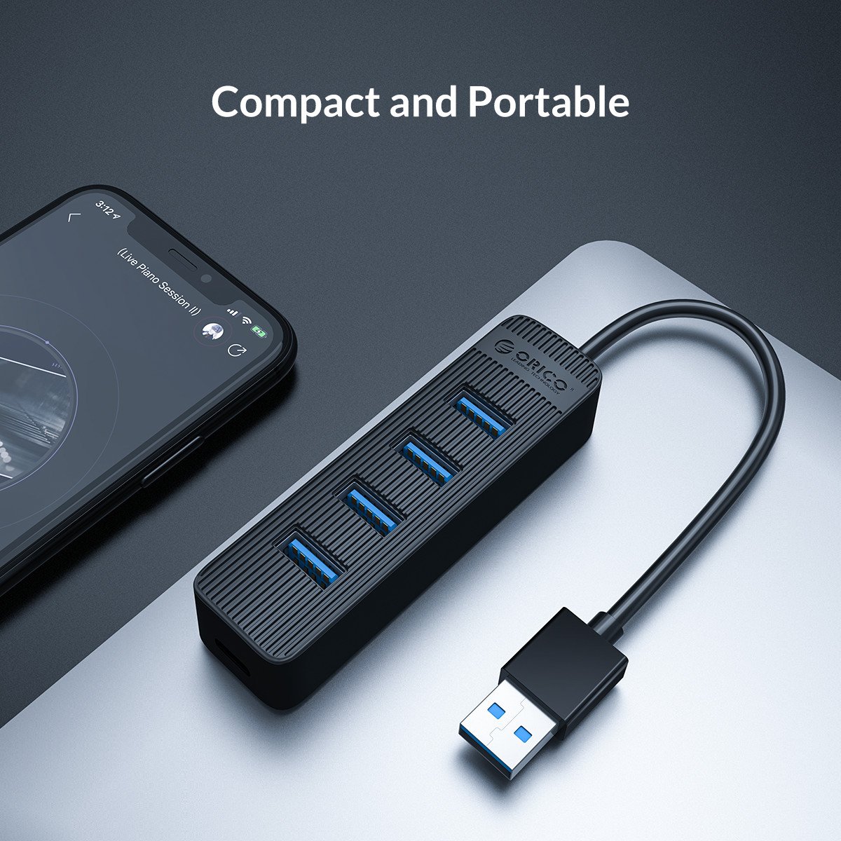 Orico хъб USB3.0 HUB 4 port - Type C input, 0.15m cable, aux Type-C power input - TWU3-4A-BK