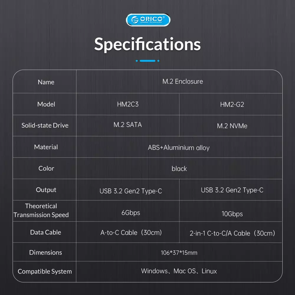 Външна кутия Orico HM2-G2-BK Storage Case M.2 NVMe M-key 10Gbps USB 3.1 Type-C