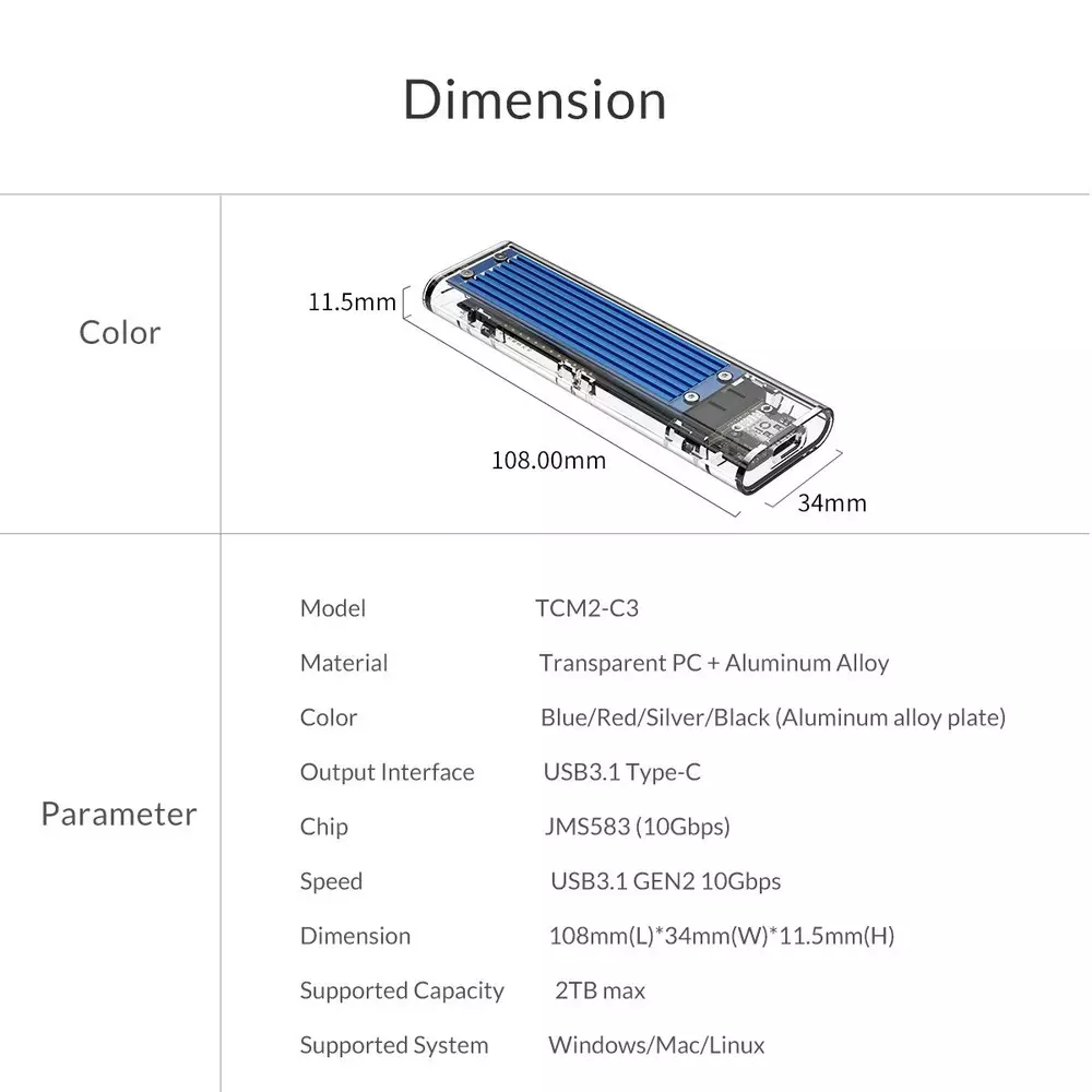 Външна кутия Orico TCM2-C3-BK Storage Case M.2 NVMe M-key USB 3.1 Type-C