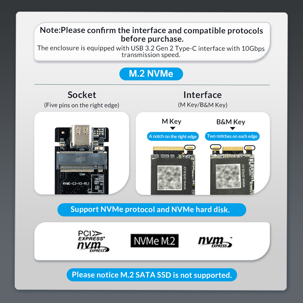 Външна кутия Orico MM2C3-G2-GY Storage Case M.2 NVMe M-key 10 Gbps Space Gray