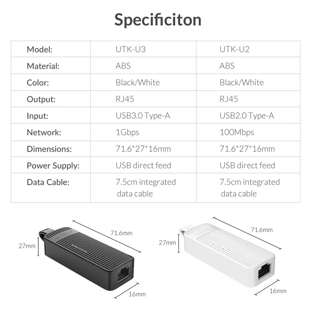 Адаптер Orico UTK-U3 USB 3.0 to LAN Gigabit 1000Mbps Black  