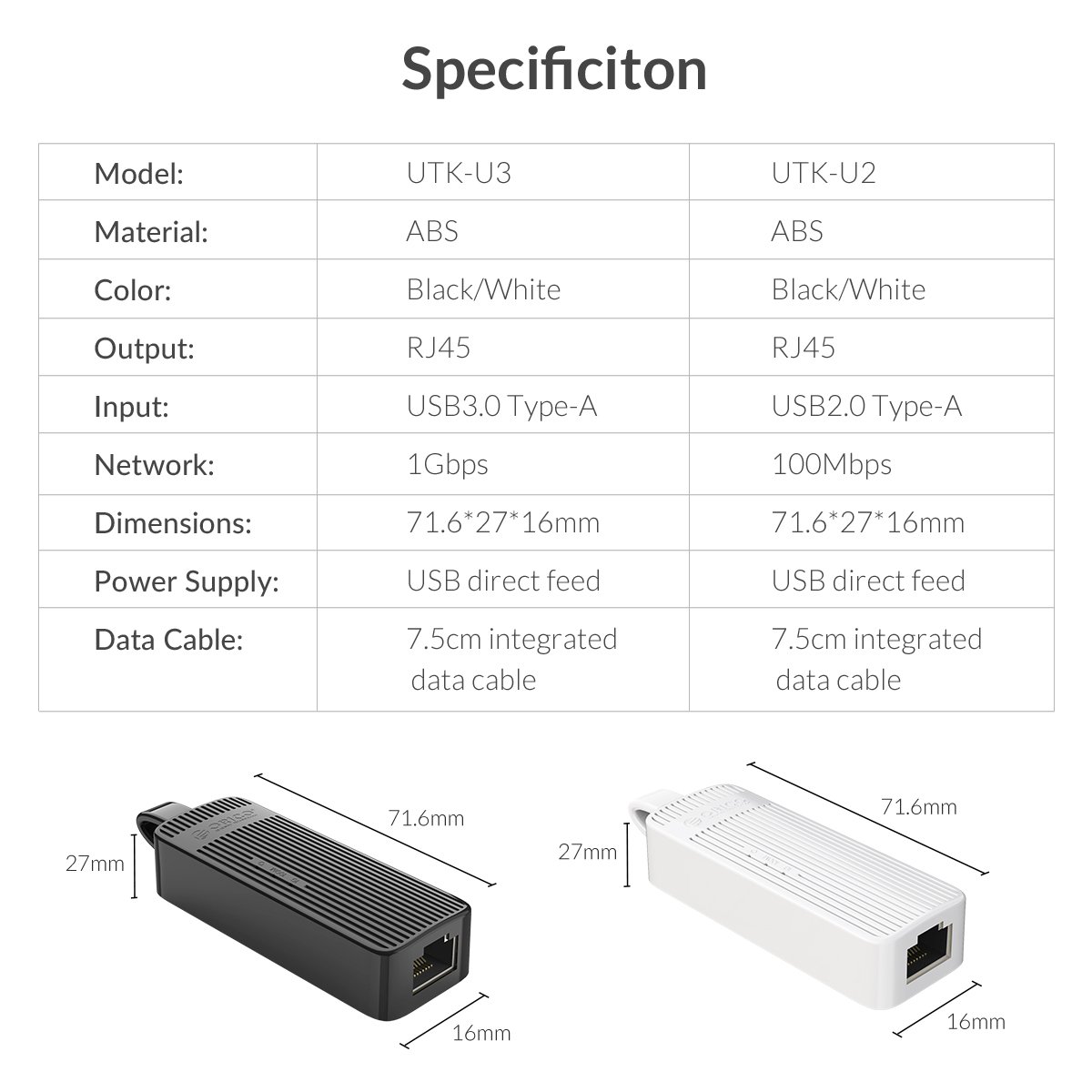 Адаптер Orico UTK-U3 USB 3.0 to LAN Gigabit 1000Mbps Black  