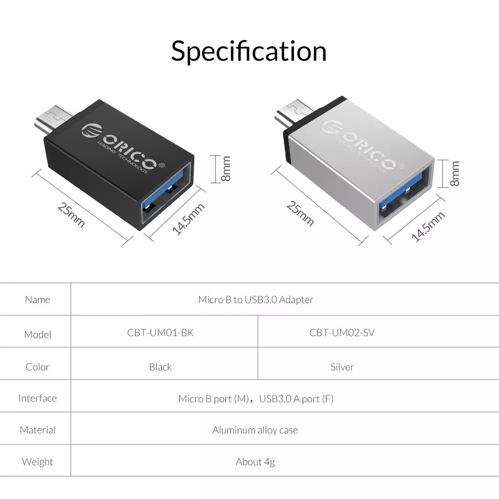 Orico преходник Adapter OTG - USB Micro B to USB3.0 AF - CBT-UM01-BK