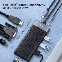 Orico докинг станция Type-C Docking Station Power Distribution 3.0 87W - HDMI, Type-C x 1, USB3.0 x 1, USB 2.0 x 2, LAN, SD, VGA, Audio - MDK-10P-BK