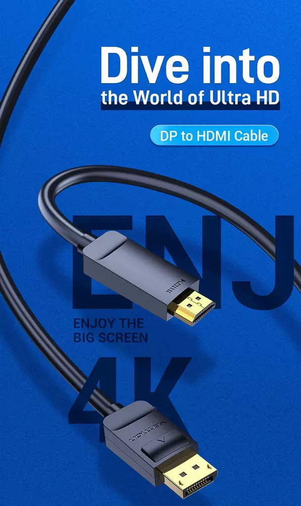 Vention кабел Cable DisplayPort to HDMI 3.0m - 4K, Gold Plated - HAGBI