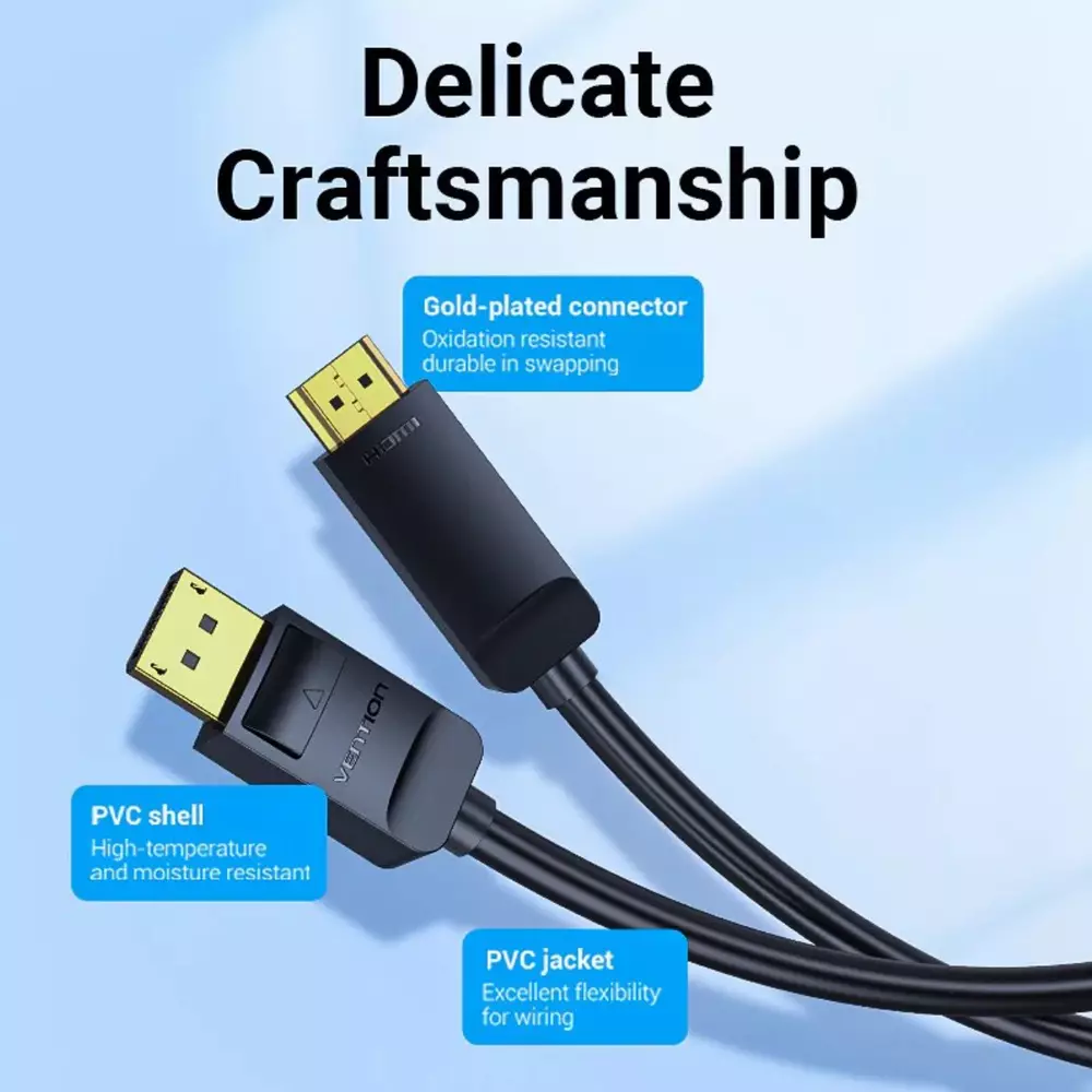 Vention кабел Cable DisplayPort to HDMI 3.0m - 4K, Gold Plated - HAGBI