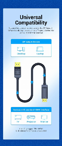 Vention кабел Cable DisplayPort to HDMI 3.0m - 4K, Gold Plated - HAGBI