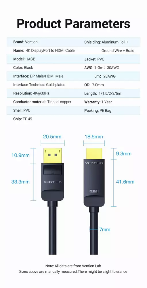 Vention кабел Cable DisplayPort to HDMI 3.0m - 4K, Gold Plated - HAGBI