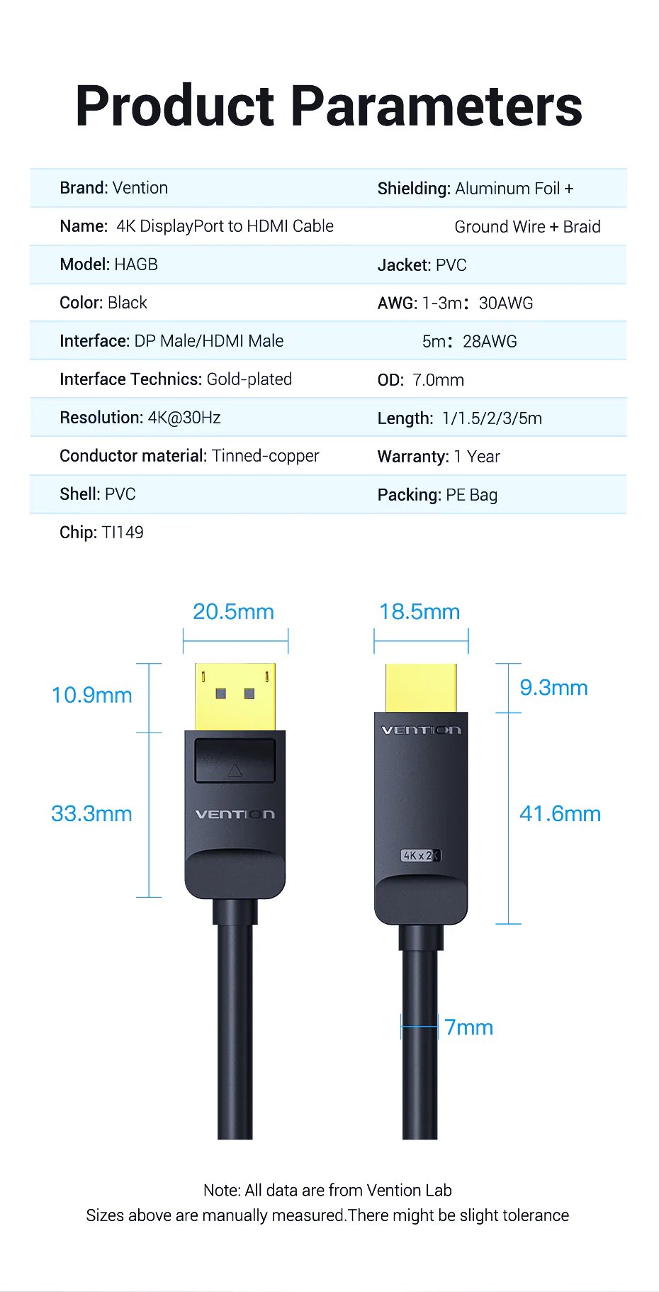 Vention кабел Cable DisplayPort to HDMI 3.0m - 4K, Gold Plated - HAGBI