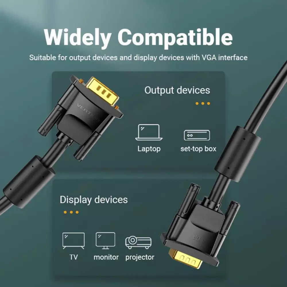 Vention Кабел за монитор Cable VGA HD15 M / M 2.0m Gold Plated, 2 Ferrites - DAEBH