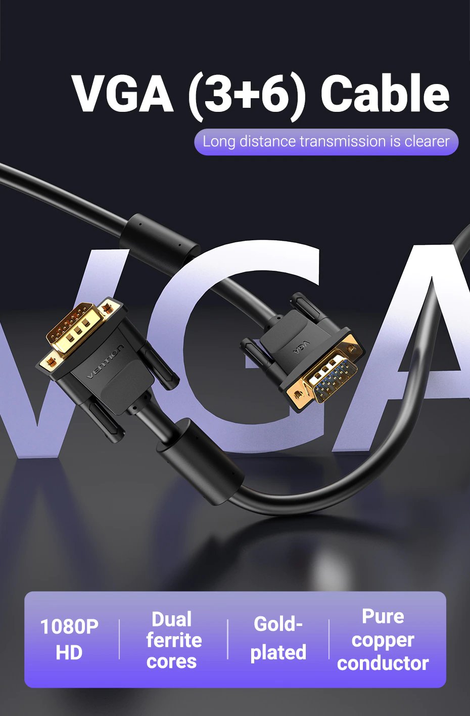 Vention Кабел за монитор Cable VGA HD15 M / M 2.0m Gold Plated, 2 Ferrites - DAEBH