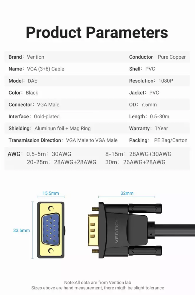 Vention Кабел за монитор Cable VGA HD15 M / M 2.0m Gold Plated, 2 Ferrites - DAEBH