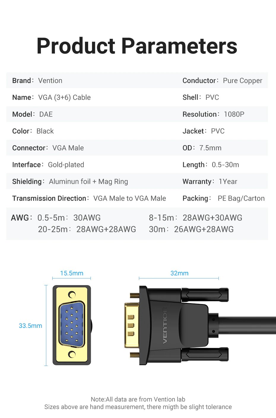 Vention Кабел за монитор Cable VGA HD15 M / M 2.0m Gold Plated, 2 Ferrites - DAEBH