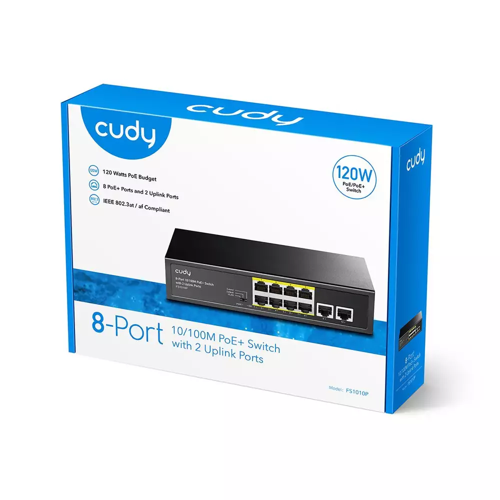 Суич Cudy FS1010P, 8 портов, 10/100, PoE+ Switch 150W, 2 x Uplink порта
