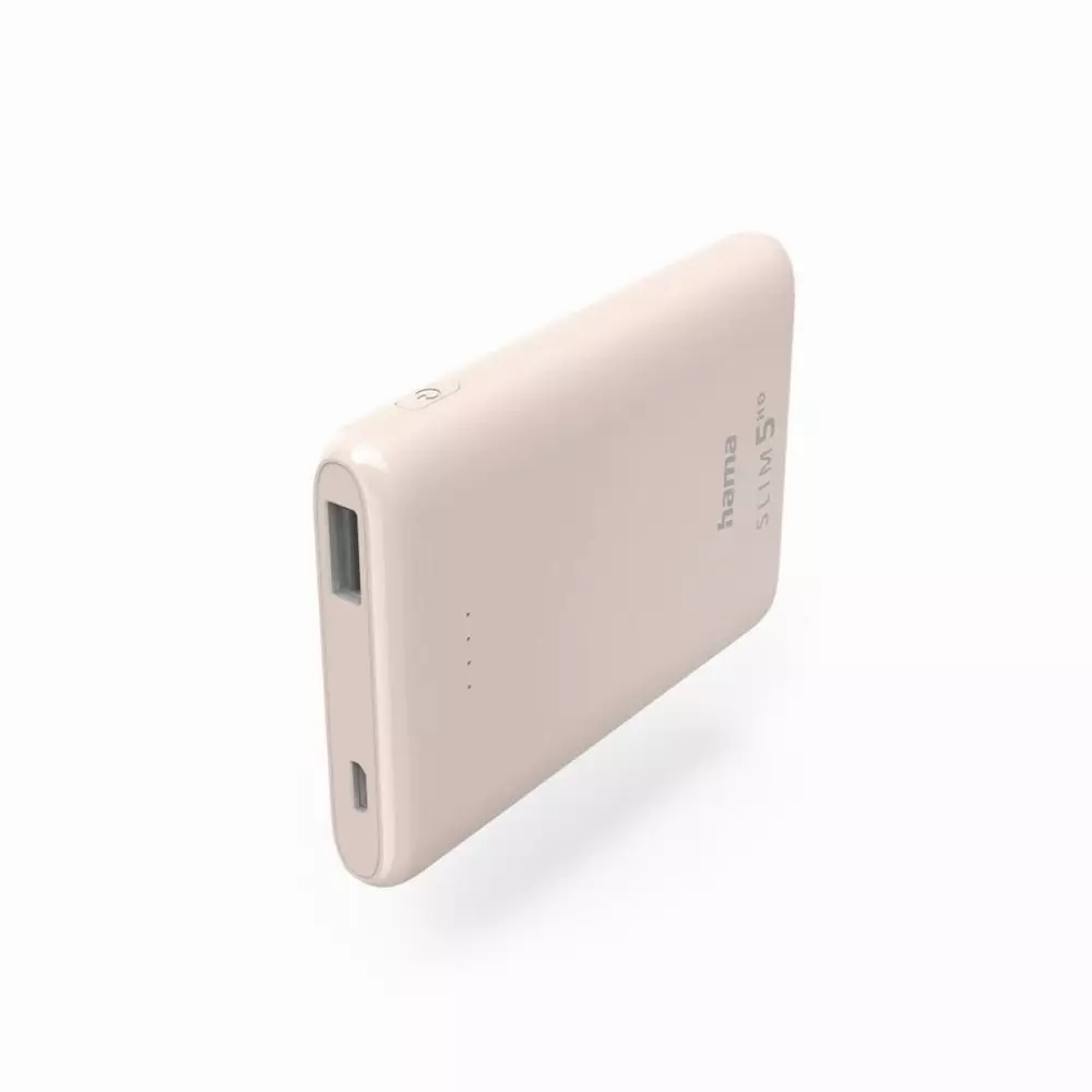 Външна батерия HAMA SLIM 5HD, 5000 mAh, LiPolym, USB-A, Светло розов