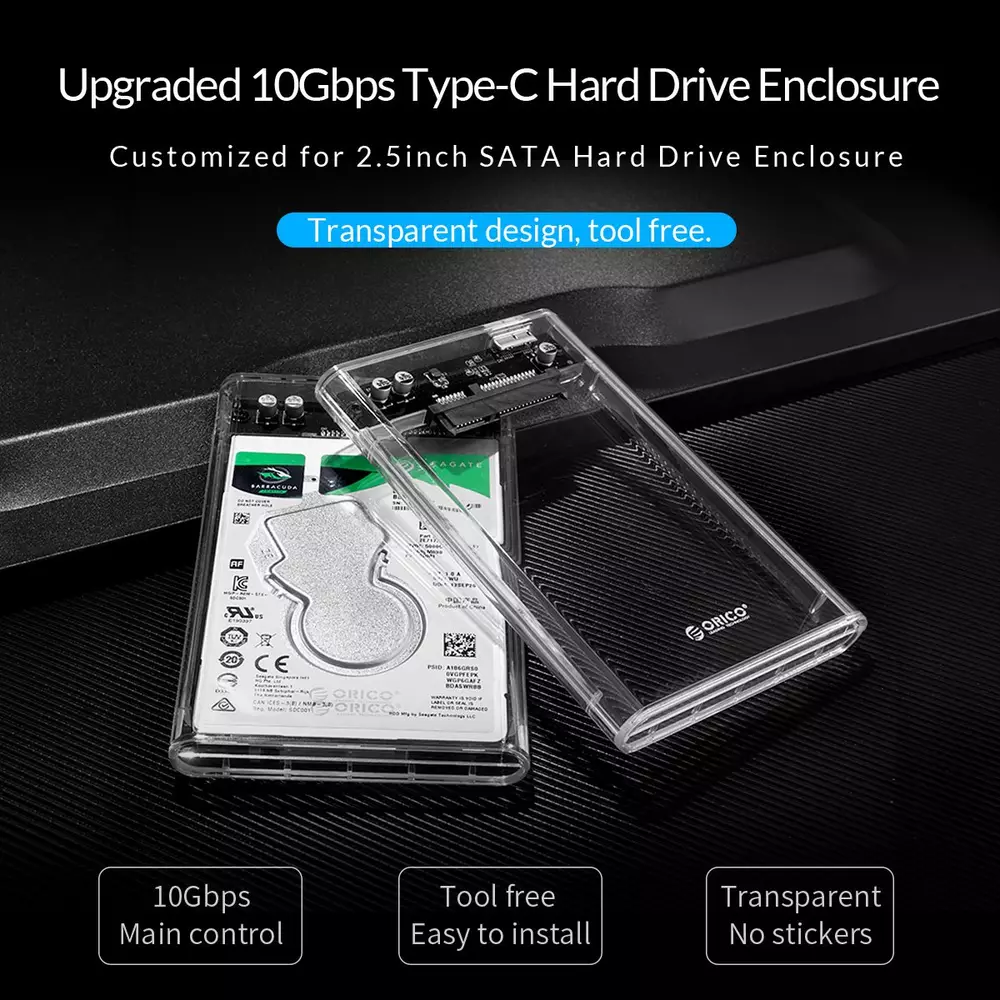 Външна кутия Orico 2139C3-G2-CR-EP Storage Case 2.5" 10Gbps Type-C Transparent